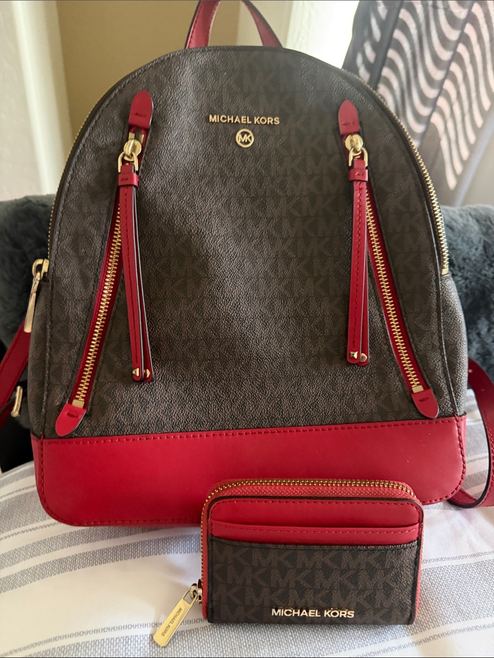 Michael Kors Brown & Red Signature Backpack with Matching Card Case